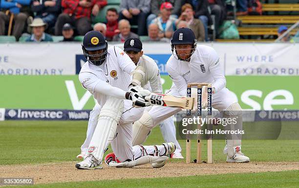 Angelo Mathews of Sri Lanka plays a sweep shot during day three of the 2nd Investec Test match between England and Sri Lanka at Emirates Durham ICG...