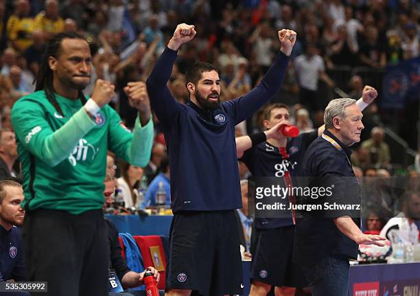 Goalkeeper Patrice Annonay of Paris, Nikola Karabatic and headcoach Zvonimir Serdarusic celebrate during the third place play-off at the EHF Final4...
