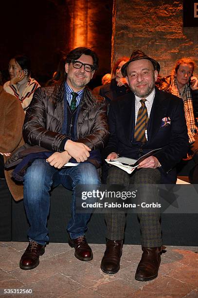 Gianluca Bauzano and Gianluca Lo Vetro attend the Francesco Scognamiglio fashion show during Milan Fashion Week Womenswear Autumn/Winter 2014 on...