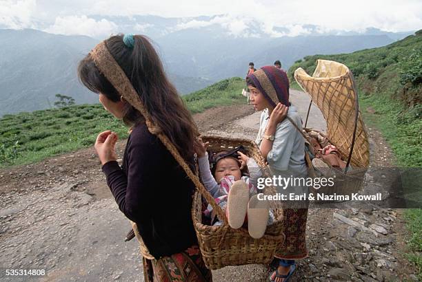 nepali mothers carrying babies - nepali mother stock-fotos und bilder