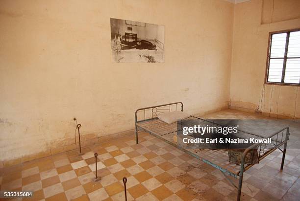 torture room at tuol sleng museum - cambodia genocide stock pictures, royalty-free photos & images