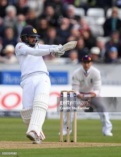 Sri Lanka batsman Dinesh Chandimal hits out during day three of the 2nd Investec Test match between England and Sri Lanka at Emirates Durham ICG on...