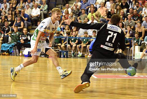 Anton Halen of Frisch Auf Goeppingen and Petr Stochl of Fuechse Berlin during the game between Fuechse Berlin and FRISCH AUF! Goeppingen on May 29,...