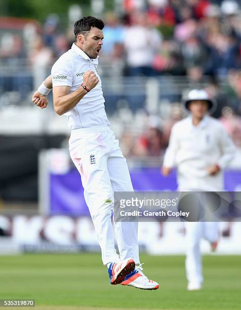 James Anderson of England celebrates dismissing Angelo Mathews of Sri Lanka during day three of the 2nd Investec Test match between England and Sri...