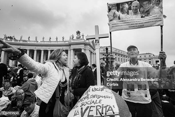 Pilgrims gather in St. Peter's Square during the historical canonization of Jonh Paul II and John XXIII.The double canonisation of two of modern-day...