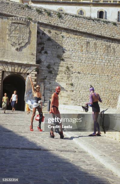 Three transvestites at the D'Alt Villa, Ibiza Town, the morning after the La Troya night at Amnesia, 2000.