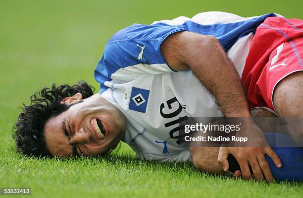 Mehdi Mahdavikia of HSV lays injured during the Bundesliga match between Hamburger SV and Hanover 96 at the AOL Arena on August 27, 2005 in Hamburg,...