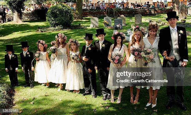 The Bride Christabel McEwen wtih children Mabel Holland and Jack Lampton with brides maids arrives at St James's Church, on August 30, 2005 in...