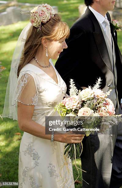 The Bride Christabel McEwen is seen at her wedding to Jools Holland at St James's Church on August 30, 2005 in Cooling, England. The Archbishop Of...