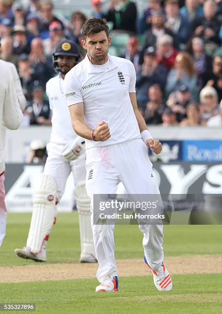 James Anderson of England celebrates taking the wicket of Angelo Mathews during day three of the 2nd Investec Test match between England and Sri...