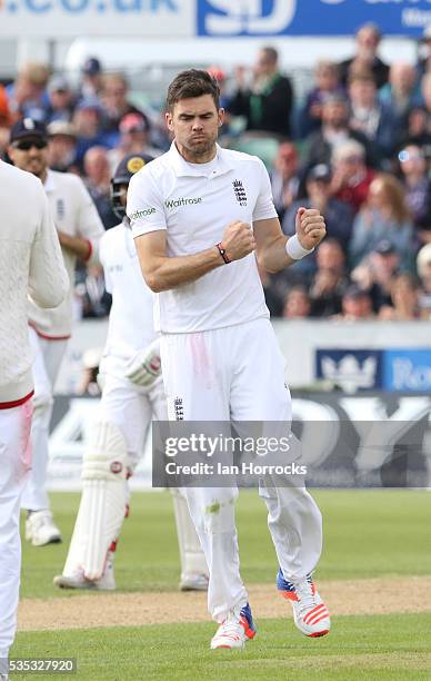 James Anderson of England celebrates taking the wicket of Angelo Mathews during day three of the 2nd Investec Test match between England and Sri...