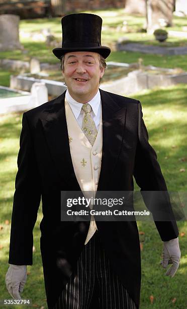 Actor Stephen Fry attends the wedding of musician Jools Holland and Christabel McEwen at St James's Church on August 30, 2005 in Cooling, England....