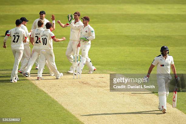 Lancashire celebrate the dismissal of Tim Bresnan of Yorkshire during day one of the Specsavers County Championship: Division One match between...