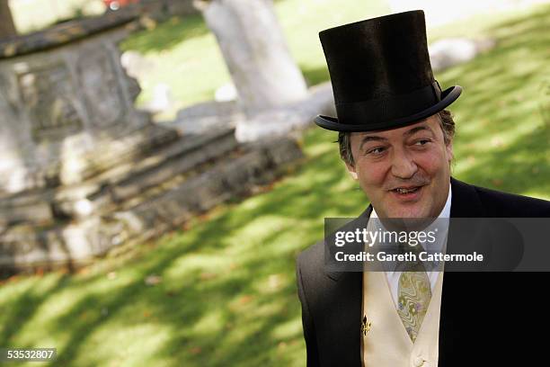 Actor Stephen Fry attends the wedding of musician Jools Holland and Christabel McEwen at St James's Church on August 30, 2005 in Cooling, England....
