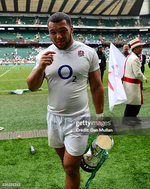 Ellis Genge of England leaves the field with the Old Mutual Wealth Cup following victory during the Old Mutual Wealth Cup match between England and...