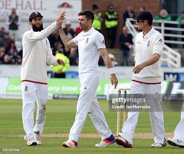 James Anderson of England celebrates taking the wicket of Angelo Mathews during day three of the 2nd Investec Test match between England and Sri...