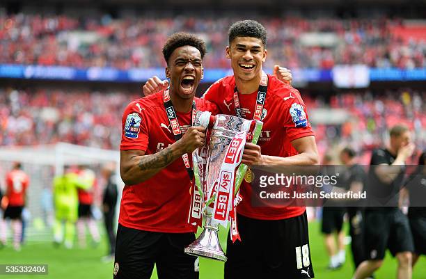 Ivan Toney of Barnsley FC and Ashley Fletcher of Barnsley FC celebrate after wiining the Sky Bet League One Play Off Final between against Millwall...