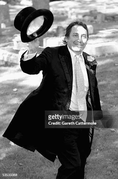 Musician Jools Holland arrives for his wedding to Christabel McEwen at St James's Church, Cooling on August 30, 2005 in Cooling, England. The...