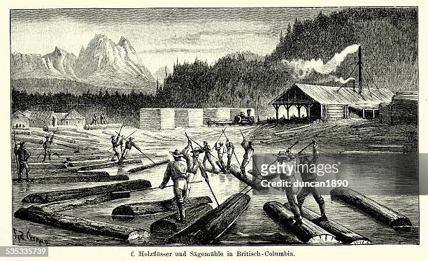 ilustrações, clipart, desenhos animados e ícones de século 19 américa do norte-sawmill na colúmbia britânica - canadian culture