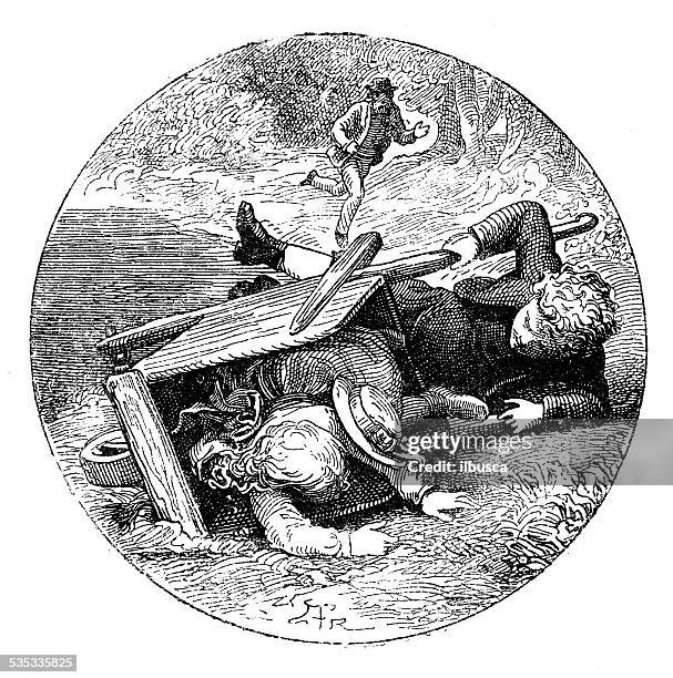 antique illustration of wheelbarrow accident - wheelbarrow race adults stock illustrations