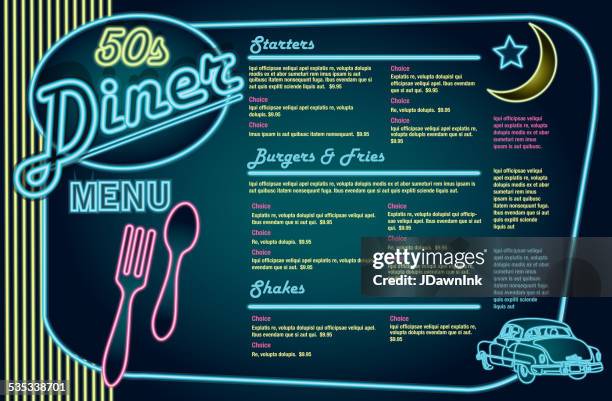 late night retro 50s diner neon menu layout horizontal - place mat stock illustrations