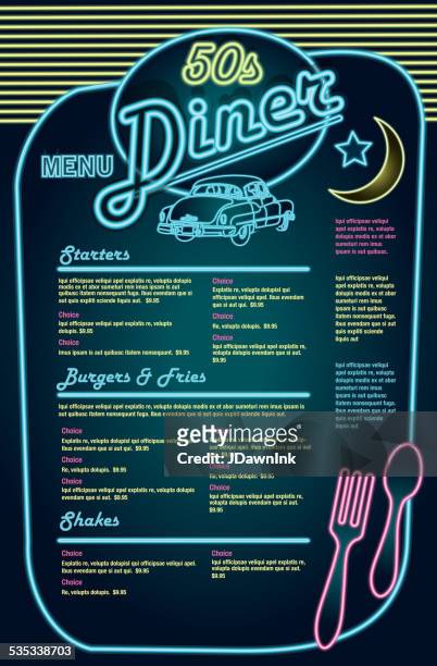 late night retro 50s diner neon menu layout with car - 1950 2015 stock illustrations