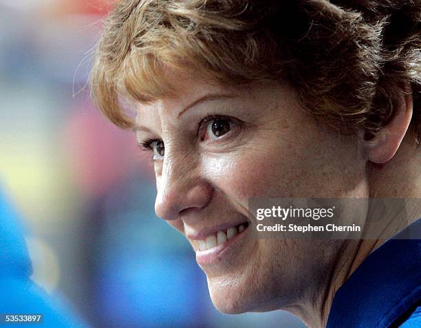 Astronaut Eileen Collins, who commanded the Shuttle Discovery, listens to a question during an appearance at the American Museum of Natural History...