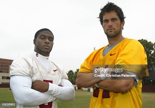 Runningback Reggie Bush and quarterback Matt Leinart of the USC Trojans pose for a portrait during a USC team practice on the USC campus on August...