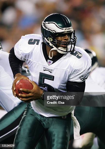 Donovan McNabb of the Philadelphia Eagles drops back to pass during the preseason game with the Cincinnati Bengals on August 26, 2005 at Lincoln...