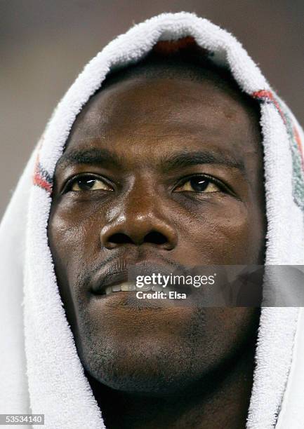 Terrell Owens of the Philadelphia Eagles watches from the sideline during the preseason game with the Cincinnati Bengals on August 26, 2005 at...