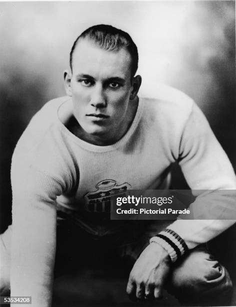 Portrait of American college football player Frank 'Bruiser' Kinard , tackle for the University of Mississippi, in his All-America jersey, 1937....