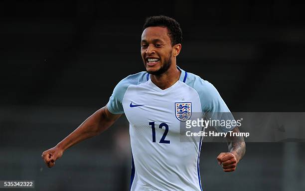 Lewis Baker of England celebrates after scoring his sides first goal during the Final of the Toulon Tournament between England and France at Parc Des...