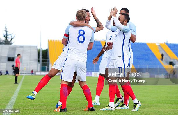 Lewis Baker of England celebrates after scoring his sides first goal during the Final of the Toulon Tournament between England and France at Parc Des...
