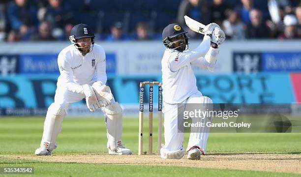 Dinesh Chandimal of Sri Lanka bats during day three of the 2nd Investec Test match between England and Sri Lanka at Emirates Durham ICG on May 29,...
