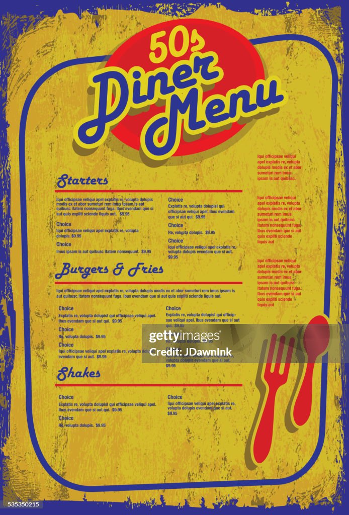 Late night retro 50s Diner menu layout blue yellow aged
