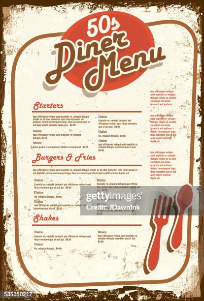 ilustraciones, imágenes clip art, dibujos animados e iconos de stock de a altas horas de la noche, un menú retro 50s diseño de papel - menú