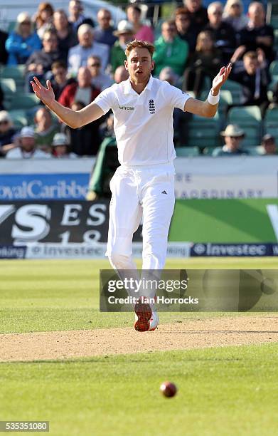 Stuart Broad of England rues a missed chance during day three of the 2nd Investec Test match between England and Sri Lanka at Emirates Durham ICG on...