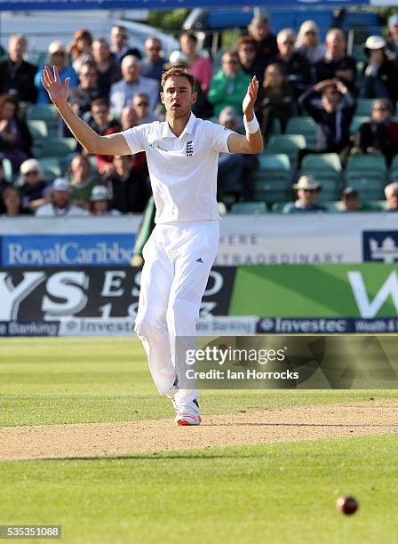 Stuart Broad of England rues a missed chance during day three of the 2nd Investec Test match between England and Sri Lanka at Emirates Durham ICG on...