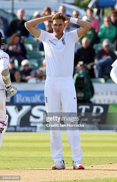 Stuart Broad of England rues a missed chance during day three of the 2nd Investec Test match between England and Sri Lanka at Emirates Durham ICG on...