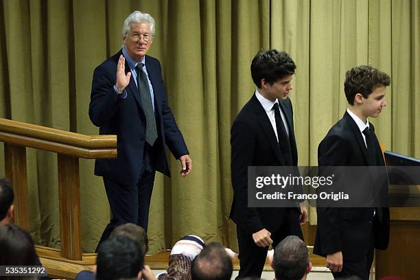 Richard Gere and his son Homer James Jigme Gere attend 'Un Muro o Un Ponte' Seminary held by Pope Francis at the Paul VI Hall on May 29, 2016 in...
