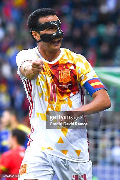 Pedro Rodriguez of Spain celebrates after scoring his team's third goal during an international friendly match between Spain and Bosnia at the AFG...