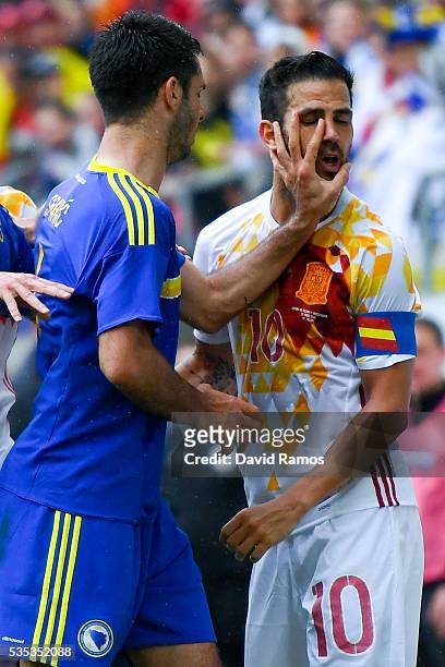 Emir Spahic of Bosnia slaps Cesc Fabregas of Spain during an international friendly match between Spain and Bosnia at the AFG Arena on May 29, 2016...