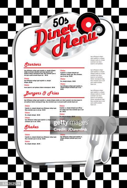 bildbanksillustrationer, clip art samt tecknat material och ikoner med late night retro 50s diner menu layout with red lettering - 50s diner