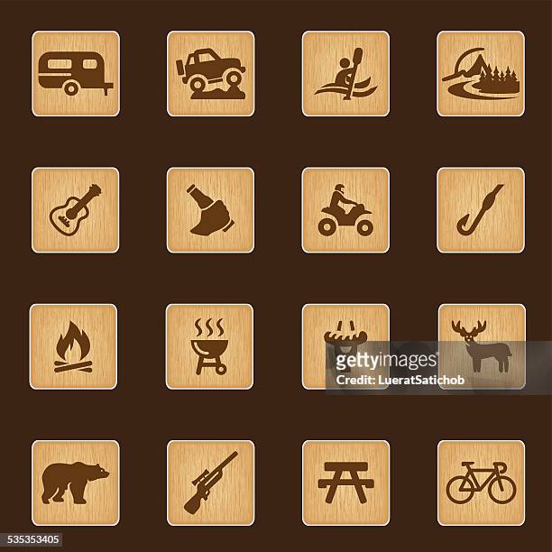 outdoors and adventure wood texture icons| eps10 - camping car stock illustrations