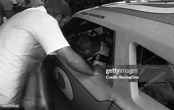 David Pearson, driver of the Lowe's Oldsmobile in the Talladega 500, as a replacement driver for injured rookie Dale Earnhardt at the Talladega...