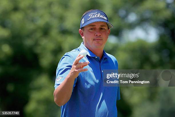 Jason Dufner waves to the gallery on the second green during the DEAN & DELUCA Invitational at Colonial Country Club on May 29, 2016 in Fort Worth,...