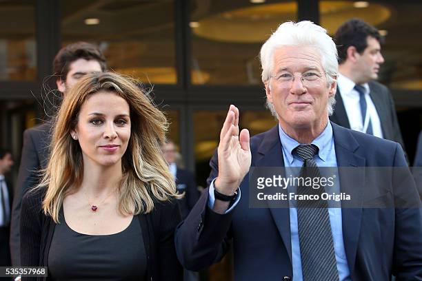 Richard Gere and his girlfriend Alejandra Silva leave at the end of 'Un Muro o Un Ponte' Seminary held by Pope Francis at the Paul VI Hall on May 29,...
