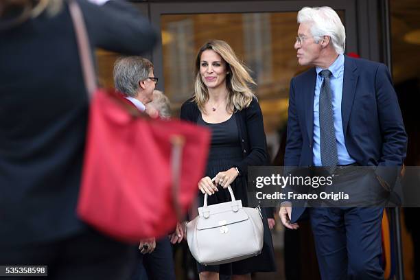 Richard Gere and his girlfriend Alejandra Silva leave at the end of 'Un Muro o Un Ponte' Seminary held by Pope Francis at the Paul VI Hall on May 29,...