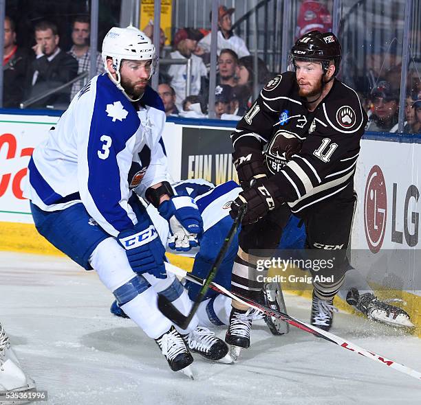 Brennan of the Toronto Marlies battles with Zach Sill of the Hershey Bears during AHL Eastern Conference Final playoff game action on May 25, 2016 at...