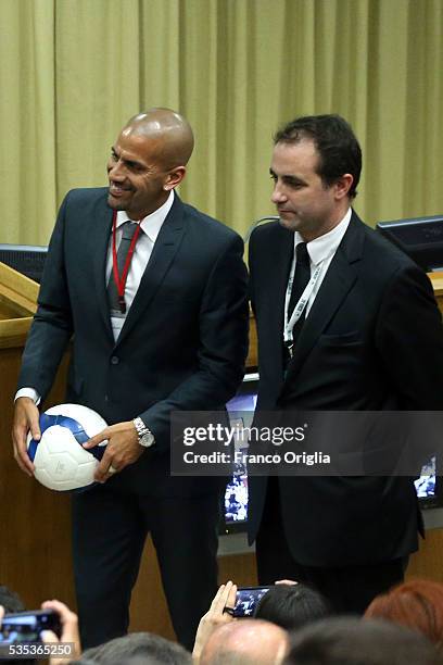 Former Argentinian football players Juan Sebastian Veron and Abel Balbo attend 'Un Muro o Un Ponte' Seminary held by Pope Francis at the Paul VI Hall...